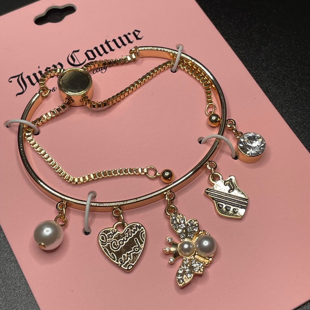 NWT Juicy Couture Bracelet, Faux Pearl Bee Shield Crystal Heart Sparkly Goldtone